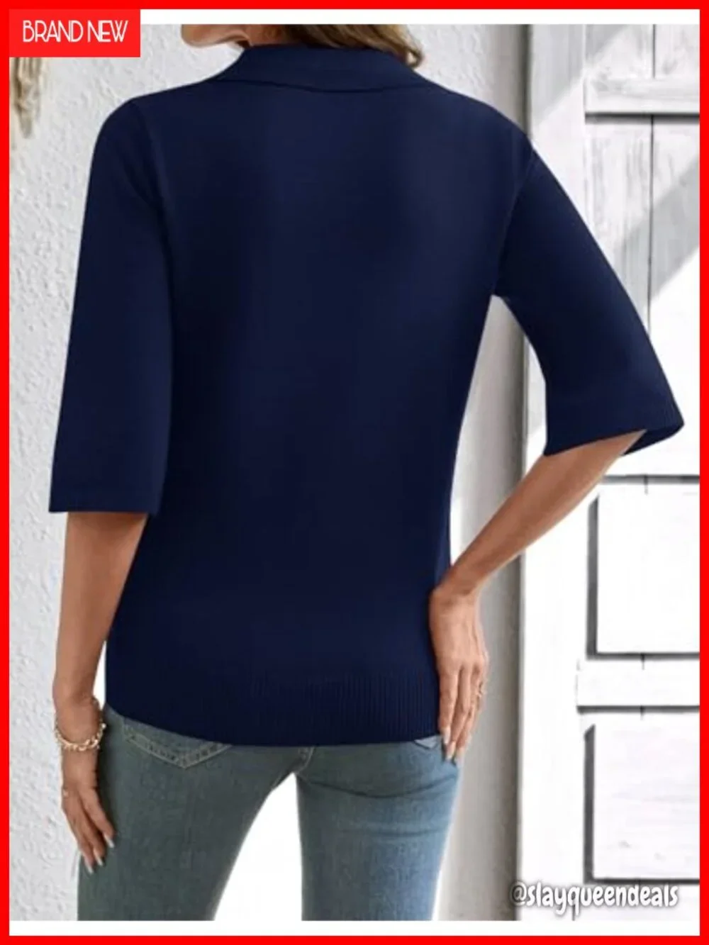 Women's Knit Polo Sweater with 3/4 Sleeve